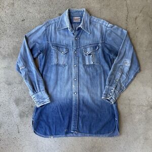 Vintage 40s 50s Rockmount Denim Western Shirt Medium Slant Pocket Distressed